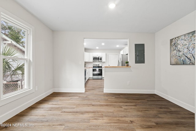 unfurnished living room featuring light wood-type flooring and electric panel