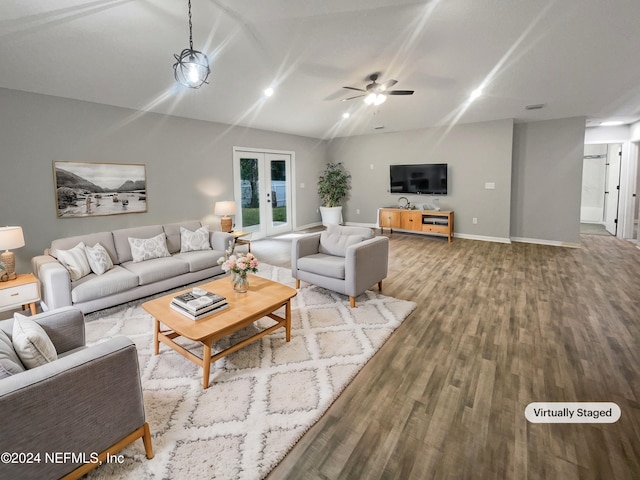 living room featuring french doors, ceiling fan, lofted ceiling, and hardwood / wood-style floors