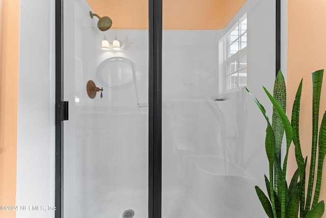 interior details with a shower with shower door