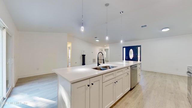 kitchen featuring sink, hanging light fixtures, dishwasher, an island with sink, and white cabinets