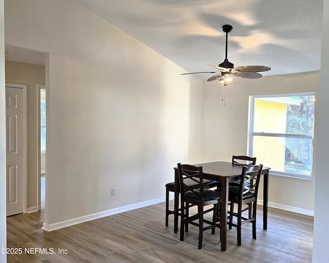 dining area featuring a textured ceiling, dark hardwood / wood-style floors, ceiling fan, and lofted ceiling