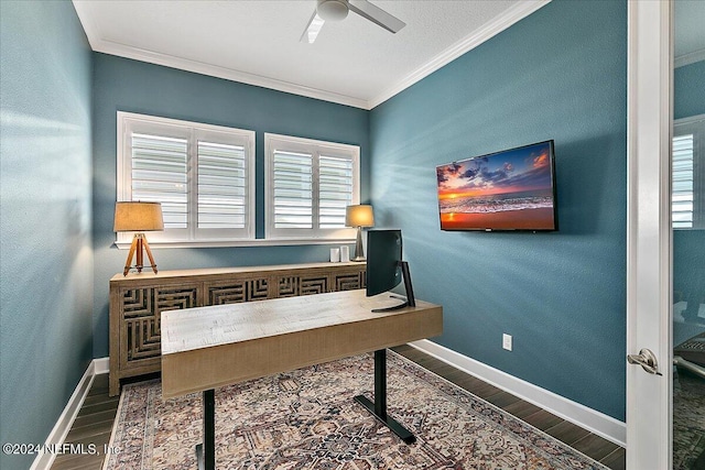 office area featuring crown molding, wood-type flooring, and ceiling fan