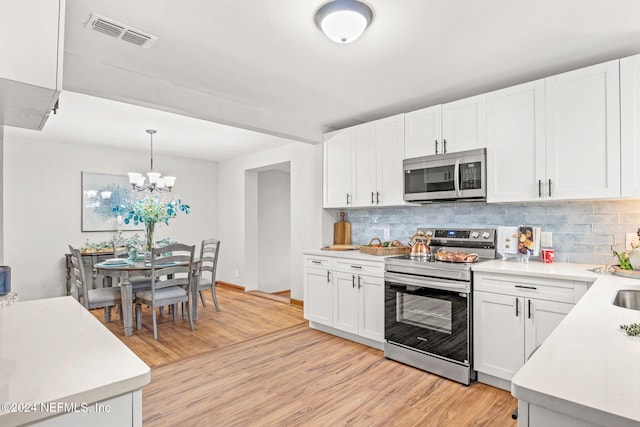 kitchen with white cabinets, decorative light fixtures, backsplash, and appliances with stainless steel finishes