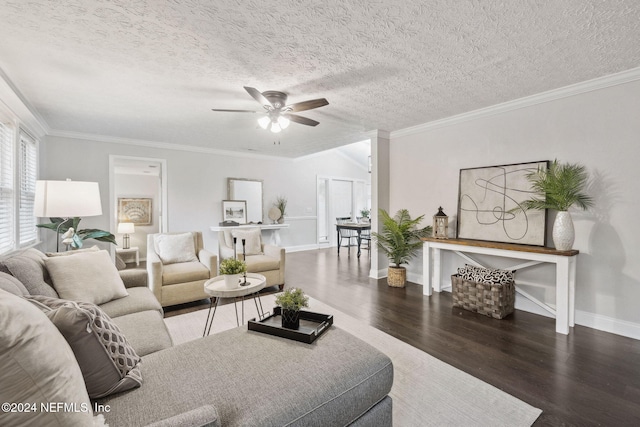 living room with ceiling fan, ornamental molding, a textured ceiling, and dark wood-type flooring