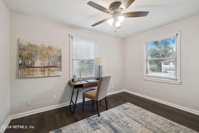 office space with ceiling fan and dark hardwood / wood-style flooring