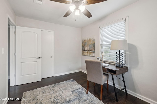 office space with ceiling fan and dark hardwood / wood-style flooring