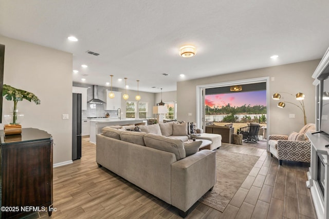 living room featuring sink and light wood-type flooring