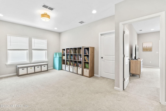 miscellaneous room featuring light carpet