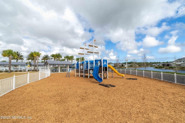 view of playground featuring a water view