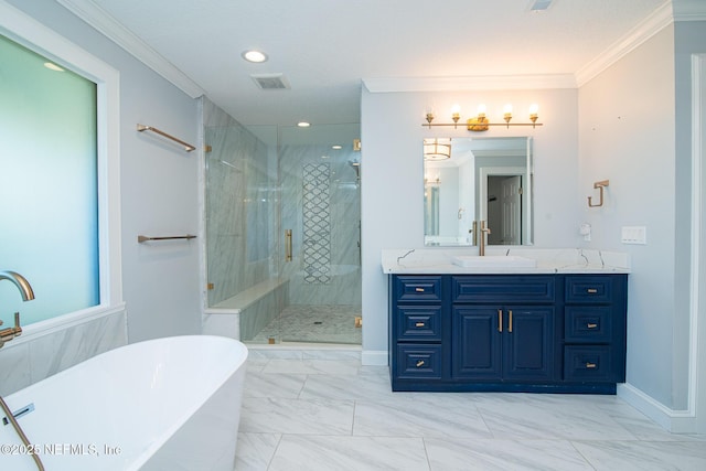 bathroom with ornamental molding, separate shower and tub, and vanity