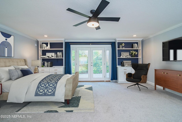 carpeted bedroom with a textured ceiling, french doors, ceiling fan, ornamental molding, and access to exterior