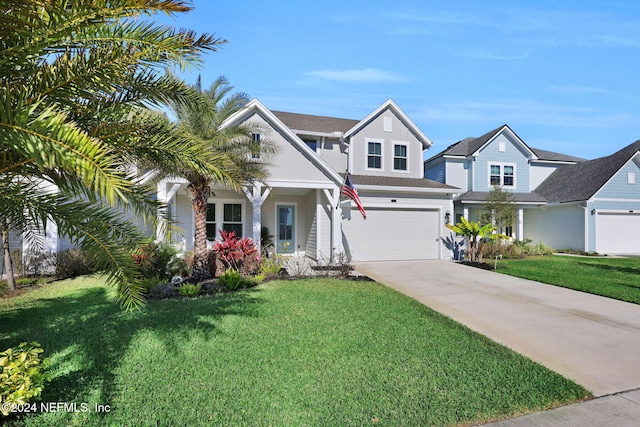 view of front of property featuring a front yard and a garage