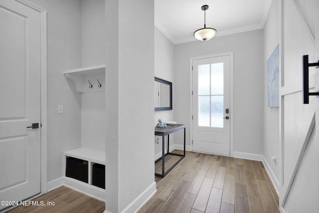 interior space featuring light wood-type flooring and ornamental molding