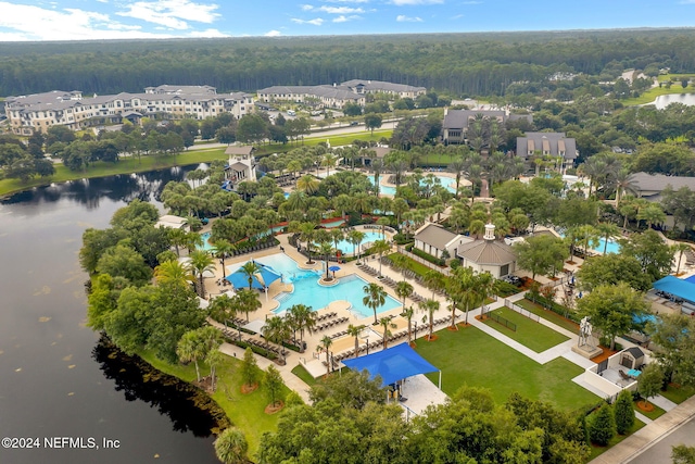 bird's eye view with a water view