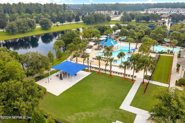 bird's eye view with a water view