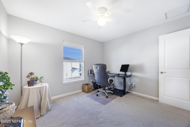 office featuring light colored carpet and ceiling fan