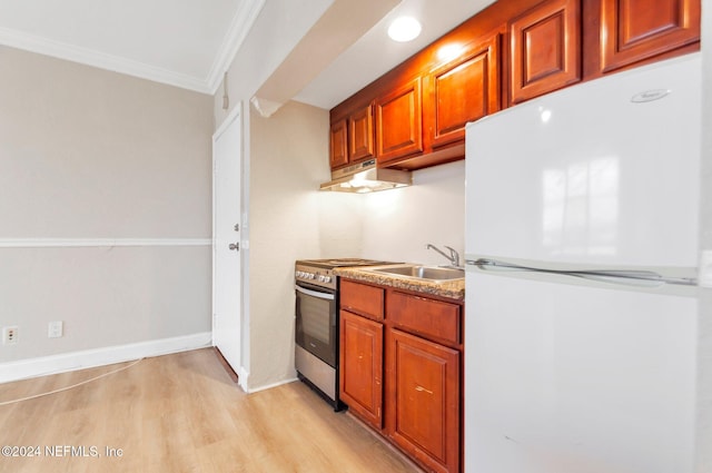 kitchen with stainless steel electric range, sink, light hardwood / wood-style flooring, ornamental molding, and white refrigerator