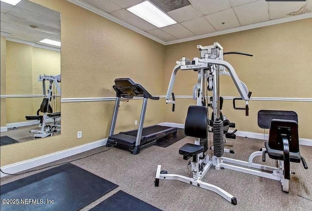 workout area featuring a drop ceiling and crown molding