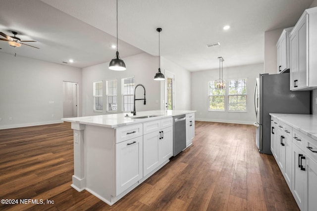kitchen featuring stainless steel appliances, white cabinetry, a kitchen island with sink, and sink