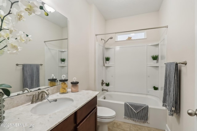 full bathroom with tile patterned floors, vanity,  shower combination, and toilet