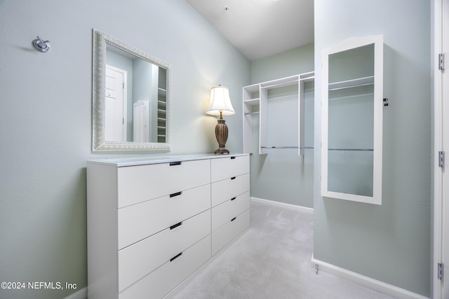 spacious closet featuring light colored carpet