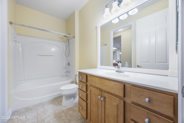 full bathroom with bathtub / shower combination, vanity, toilet, and tile patterned flooring