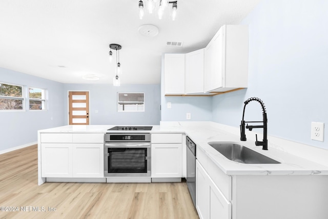 kitchen featuring white cabinetry, sink, kitchen peninsula, and stainless steel appliances