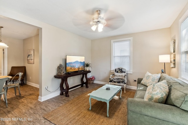 living room with ceiling fan and hardwood / wood-style floors