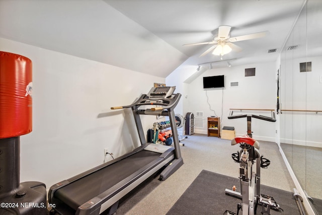 exercise room with carpet flooring and ceiling fan