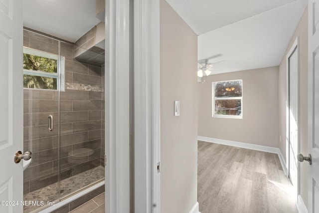 bathroom featuring a shower with shower door, ceiling fan, toilet, and wood-type flooring