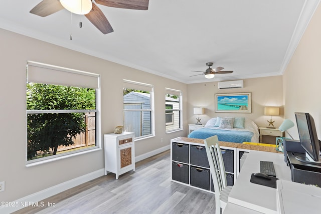 bedroom with hardwood / wood-style flooring, ceiling fan, ornamental molding, and a wall unit AC