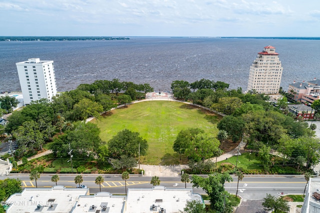 birds eye view of property with a water view