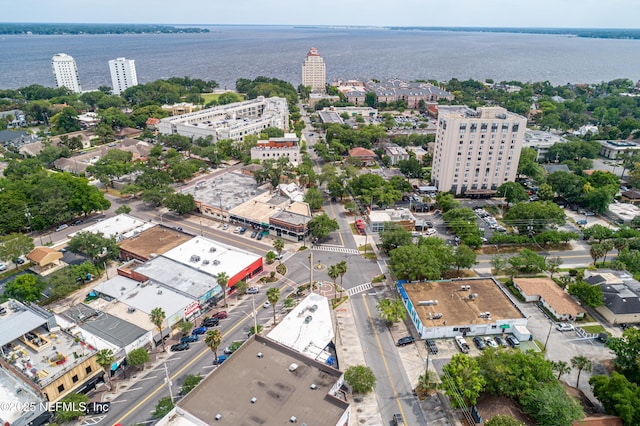 aerial view featuring a city view and a water view