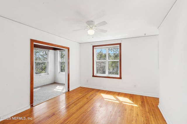 unfurnished room with baseboards, ceiling fan, and light wood finished floors