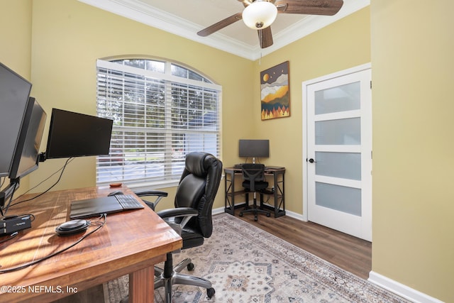 office space featuring hardwood / wood-style floors, ceiling fan, and ornamental molding