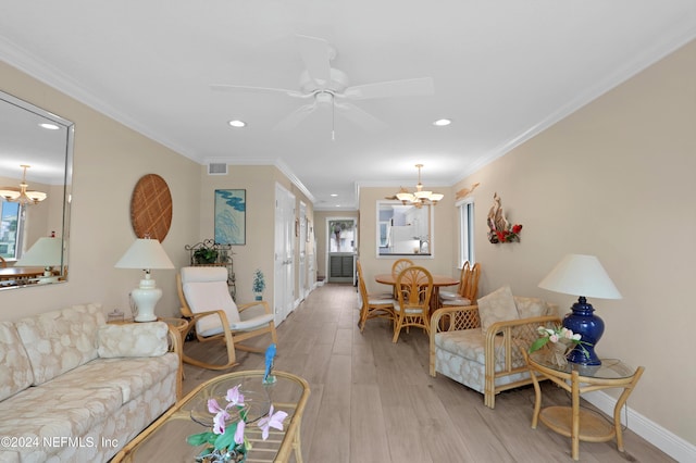 living room with crown molding, ceiling fan with notable chandelier, and light wood-type flooring