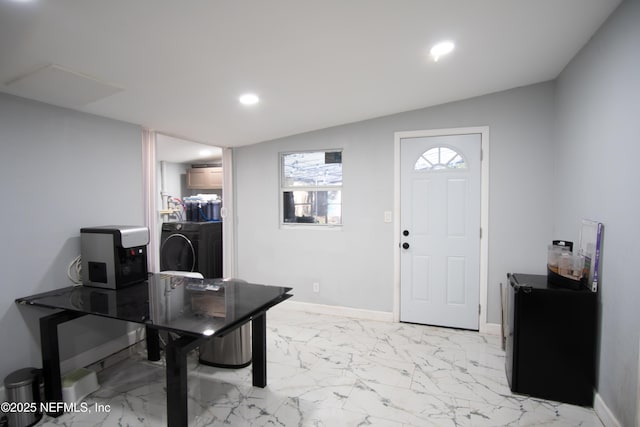 office space with recessed lighting, marble finish floor, and baseboards