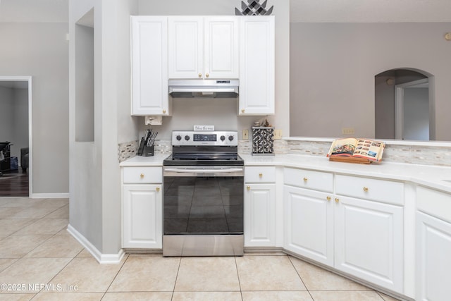 kitchen with white cabinetry and stainless steel electric stove