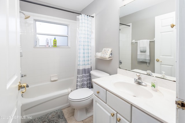 full bathroom with tile patterned flooring, vanity, toilet, and shower / tub combo with curtain