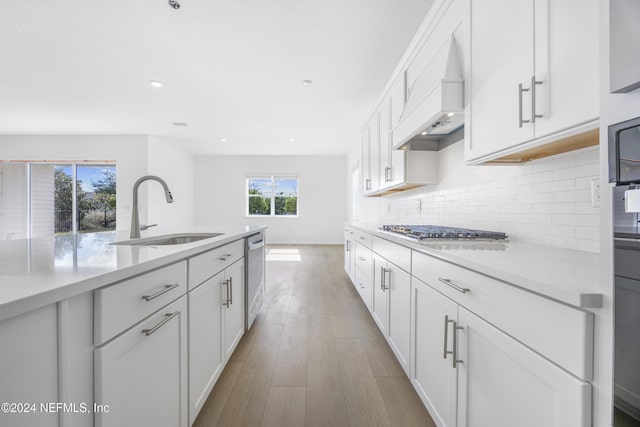 kitchen featuring stainless steel appliances, white cabinetry, light hardwood / wood-style floors, and sink