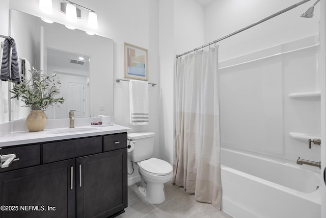 full bathroom with shower / bath combo with shower curtain, tile patterned floors, toilet, and vanity