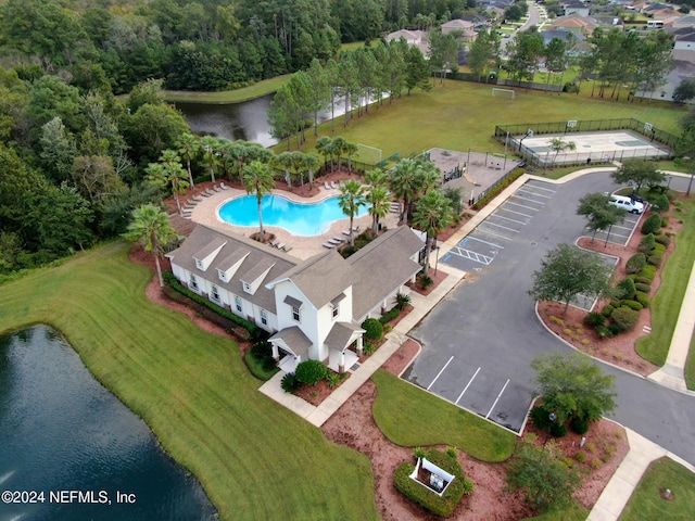 drone / aerial view with a water view