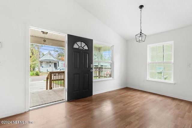 entrance foyer featuring plenty of natural light, wood-type flooring, and lofted ceiling