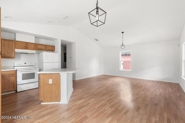 kitchen featuring white appliances, decorative light fixtures, light hardwood / wood-style floors, a kitchen island, and lofted ceiling