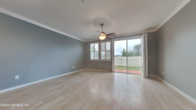 unfurnished room with ceiling fan, light hardwood / wood-style floors, and crown molding