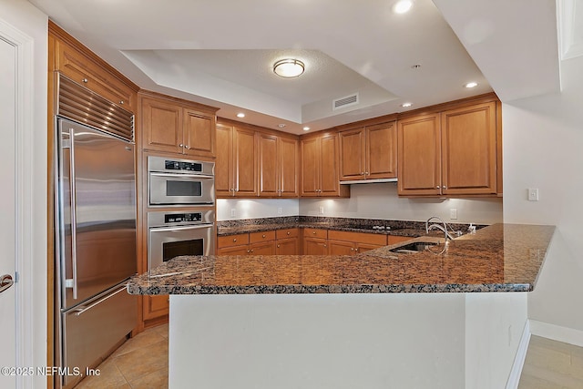 kitchen with dark stone counters, sink, a tray ceiling, kitchen peninsula, and stainless steel appliances