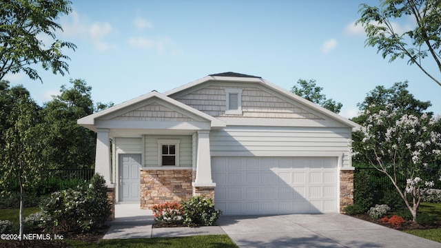 view of front of property with stone siding, an attached garage, concrete driveway, and fence