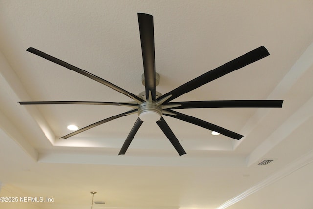 details featuring a raised ceiling and crown molding