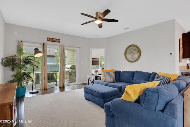 living room with ceiling fan and wood-type flooring