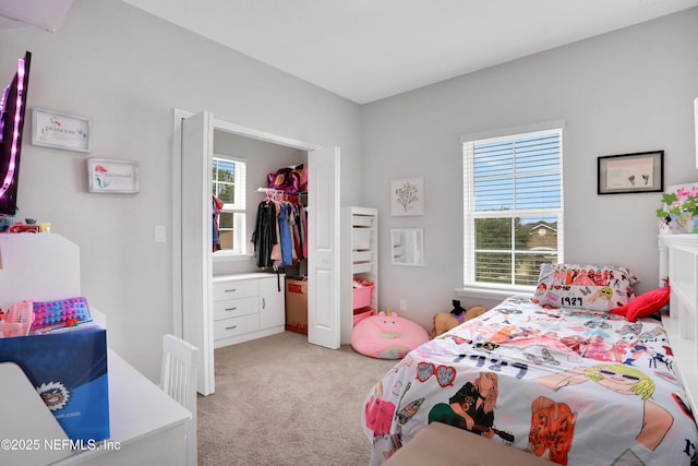 carpeted bedroom with a closet and multiple windows